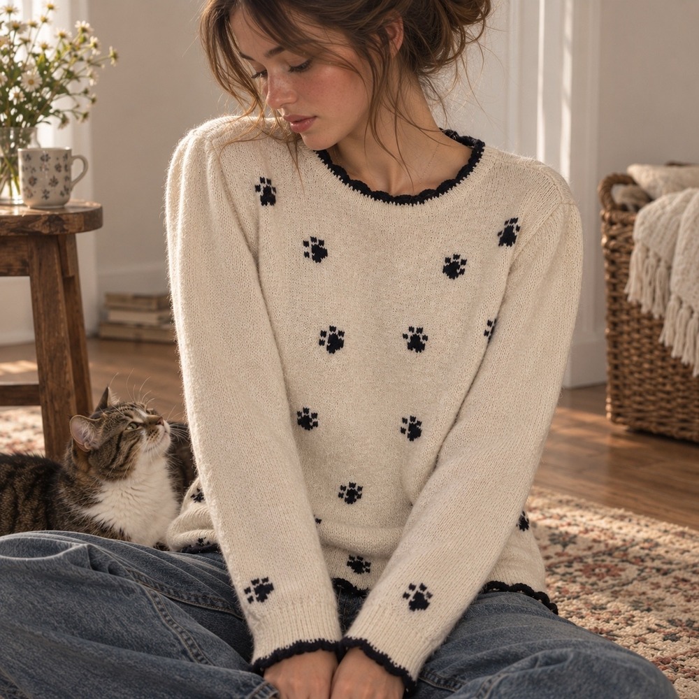 Vtg Blair Paw Print Sweater Cat Dog Cream Black Scalloped Grandmacore Animal L